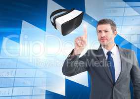 Man touching and interacting with virtual reality headset with transition effect