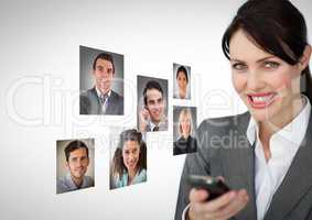 Woman holding phone with Profile portraits of people contacts