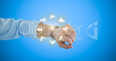 Composite image of cropped hand of man wearing fitness band
