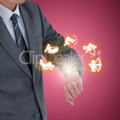 Composite image of mid section of businessman checking smart watch