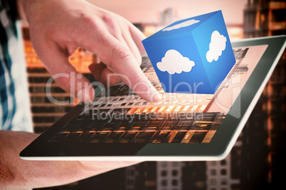 Composite image of cropped hands of man using digital tablet