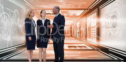 Composite image of full length of business people discussing against white background
