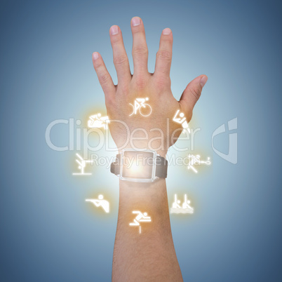 Composite image of cropped hand of man wearing smart watch
