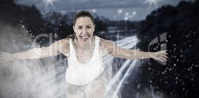 Composite image of woman bending with arms outstretched