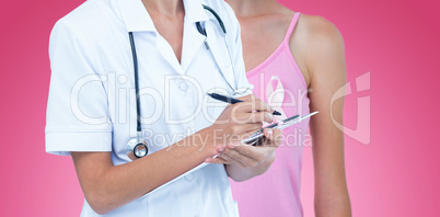 Composite image of portrait of cheerful female doctor writing on clipboard