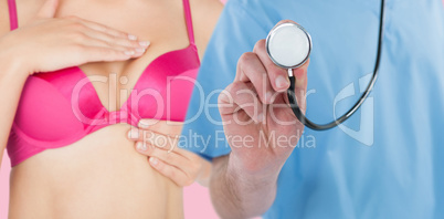 Composite image of midsection of surgeon holding stethoscope