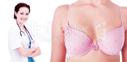 Composite image of mid section of woman wearing pink bra for breast cancer social issue