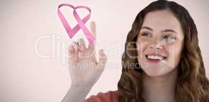 Composite image of beautiful happy young woman pointing