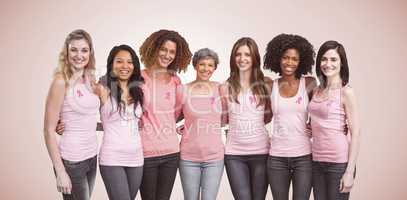 Composite image of happy multiethnic women standing together with arm around