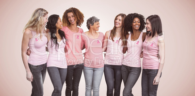 Composite image of happy multiethnic women standing together with arm around