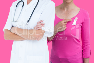 Composite image of midsection of female doctor standing hands folded