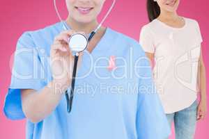 Composite image of female surgeon using stethoscope over white background