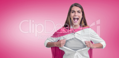 Composite image of portrait of woman pretending to be superhero