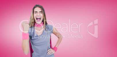 Composite image of woman in superhero costume shouting