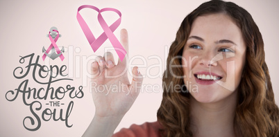 Composite image of beautiful happy young woman pointing