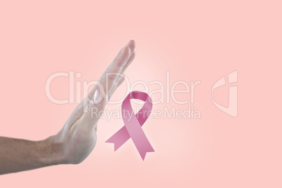 Composite image of hand of man pretending to touch invisible screen