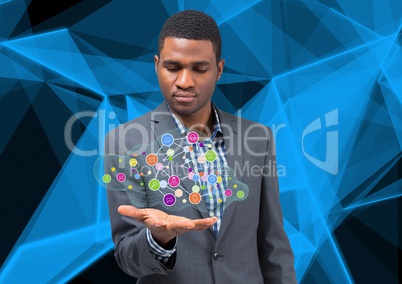businessman with hand spread of  with application icons on a cloud over. technology background