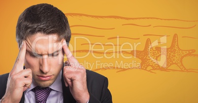 Frustrated business man thinking of beach against yellow background