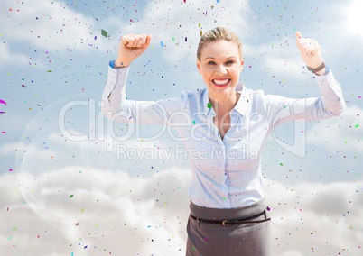 Business woman hands in air against sunny sky with flare and confetti