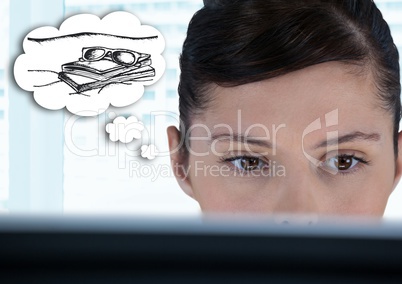 Close up of woman at computer dreaming  of holiday against blurry window