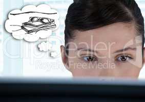 Close up of woman at computer dreaming  of holiday against blurry window