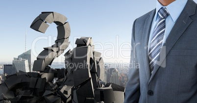 Broken concrete stone with Question symbol and businessman in cityscape