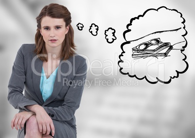 Business woman sitting and dreaming of holiday against blurry grey stairs