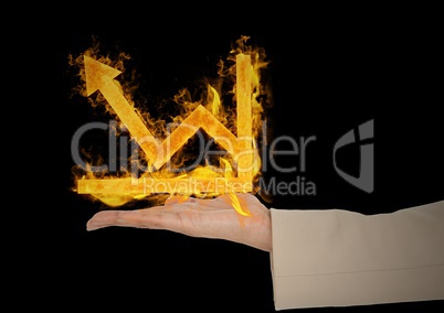 hand with graph fire icon over. Black background