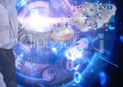 businesswoman hand with blue application icons. Technological background