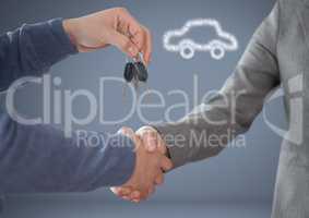 Hands Holding key in front of vignette with handshake with car