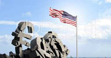 Broken concrete stone with euro symbol and american flag