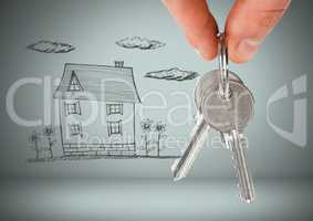 Hand Holding key with house drawing in front of vignette
