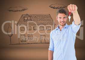 Man Holding keys with house home drawing in front of vignette