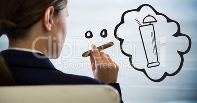 Business woman over shoulder in chair with cigar and dreaming of cocktail against blurry blue wood p