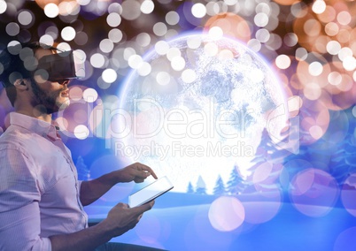 man with VR glasses forest at night with big moon