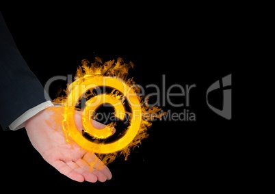hand with copyrighht  fire icon over. Black background