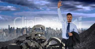 Broken concrete stone with money euro symbol and businessman in cityscape