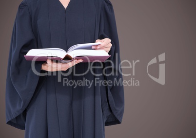 Female judge mid section with open book against brown background