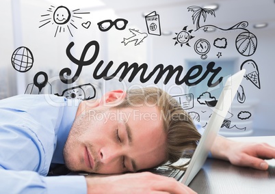 Business man asleep at laptop against summer doodle and blurry white office
