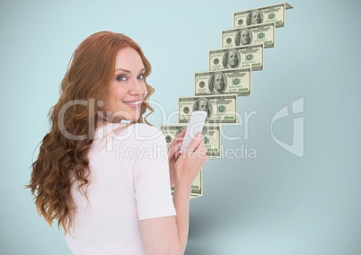 texting money. Woman with phone in front of money stairs