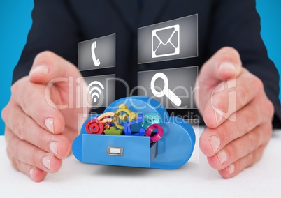 hands with application icons on a cloud  and with icons panel behind between two hands