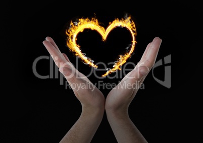 hands with heart fire icon over. Black background