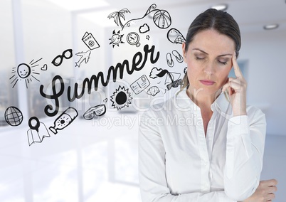 Frustrated business woman against summer doodle and blurry white office