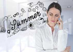 Frustrated business woman against summer doodle and blurry white office