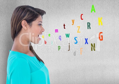 young woman speaking with colour letters coming up from mouth