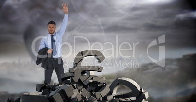 Broken concrete stone with money euro symbol and businessman in cityscape