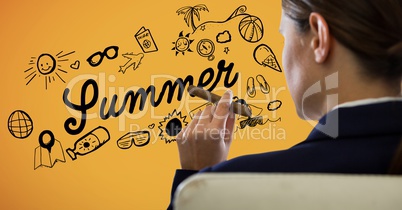 Business woman over shoulder in chair with cigar looking at summer doodles against yellow background