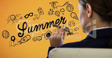 Business woman over shoulder in chair with cigar looking at summer doodles against yellow background