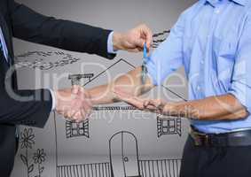 Holding key with house drawings in front of vignette with handshake