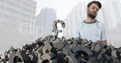 Broken concrete stone with money pound symbol and man in cityscape